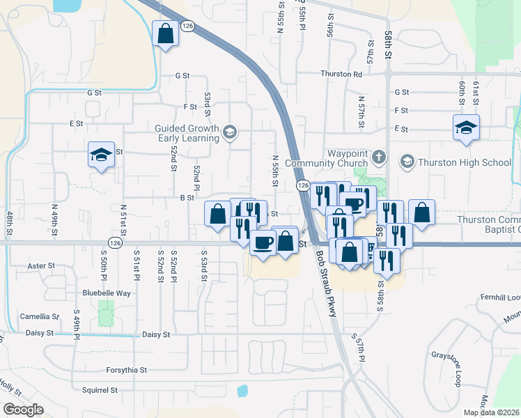 map of restaurants, bars, coffee shops, grocery stores, and more near 5426 A Street in Springfield