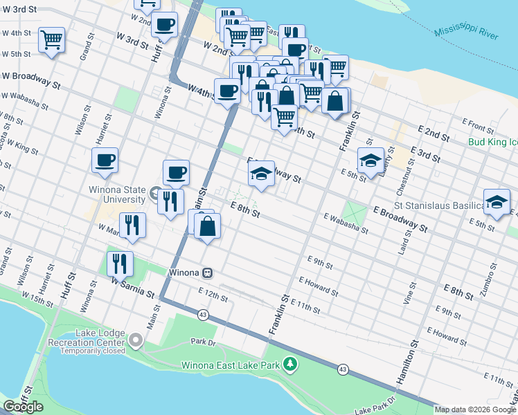 map of restaurants, bars, coffee shops, grocery stores, and more near 123 East Wabasha Street in Winona