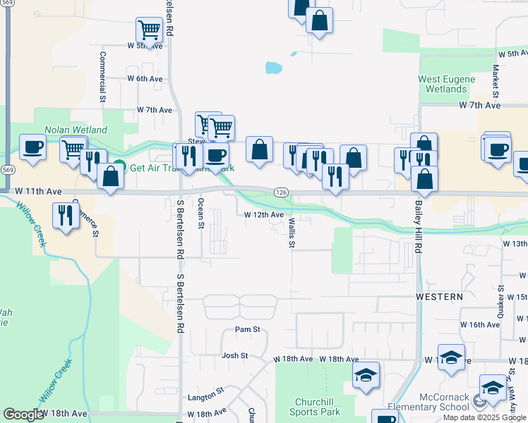 map of restaurants, bars, coffee shops, grocery stores, and more near 3979 West 12th Avenue in Eugene