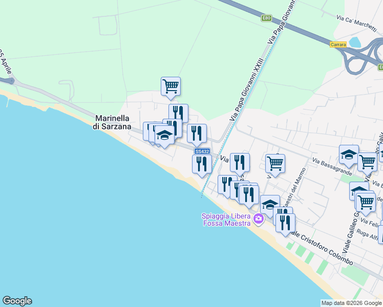map of restaurants, bars, coffee shops, grocery stores, and more near 116 Viale Litoraneo in Marinella di Sarzana
