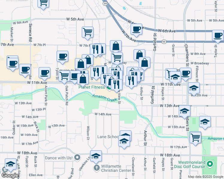 map of restaurants, bars, coffee shops, grocery stores, and more near 2350 West 11th Avenue in Eugene