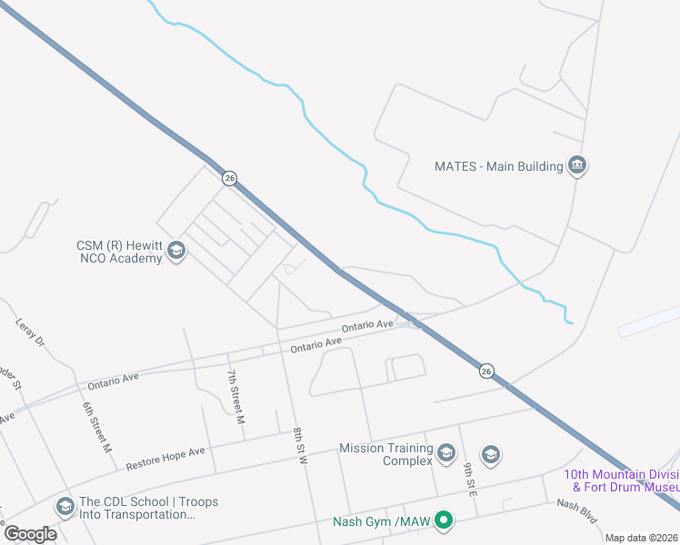 map of restaurants, bars, coffee shops, grocery stores, and more near Great Bend Road in Fort Drum
