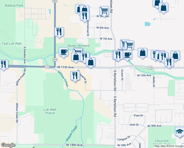 map of restaurants, bars, coffee shops, grocery stores, and more near 4210 West 11th Avenue in Eugene