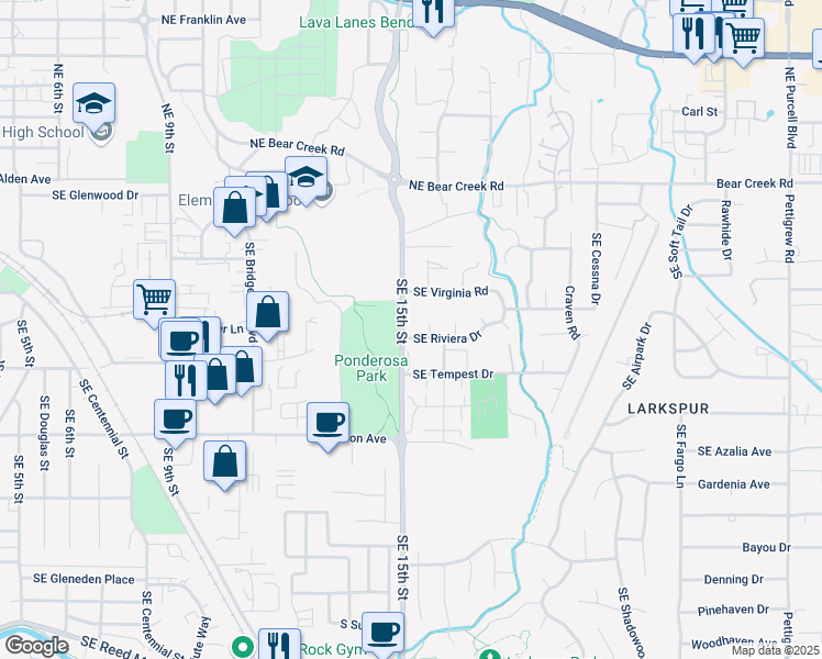 map of restaurants, bars, coffee shops, grocery stores, and more near 1528 Southeast Riviera Drive in Bend