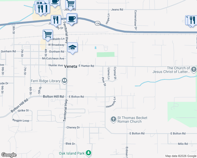 map of restaurants, bars, coffee shops, grocery stores, and more near 88042 Pine Street in Veneta