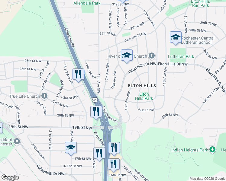 map of restaurants, bars, coffee shops, grocery stores, and more near 2318 16th Avenue Northwest in Rochester