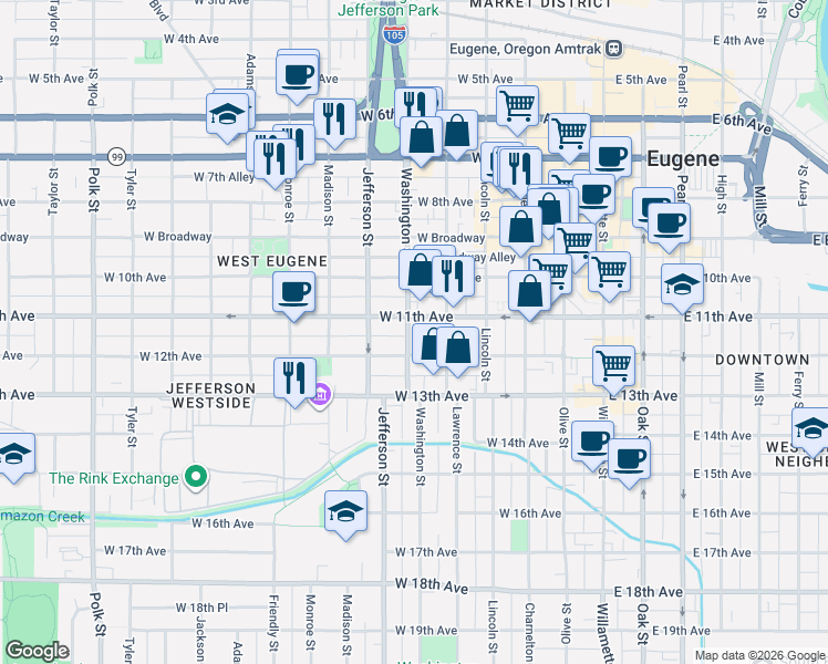map of restaurants, bars, coffee shops, grocery stores, and more near 1104 Washington Street in Eugene