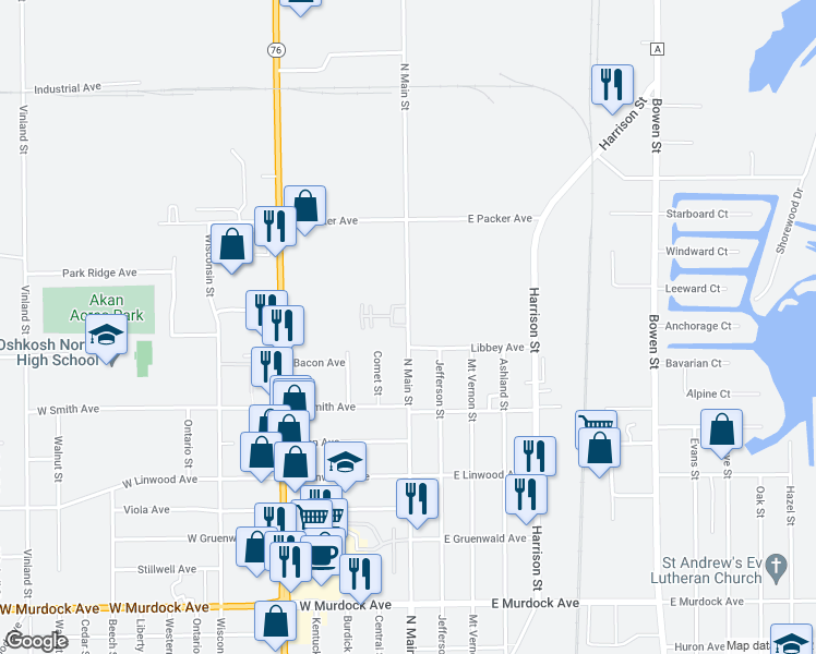 map of restaurants, bars, coffee shops, grocery stores, and more near 2491 North Main Street in Oshkosh