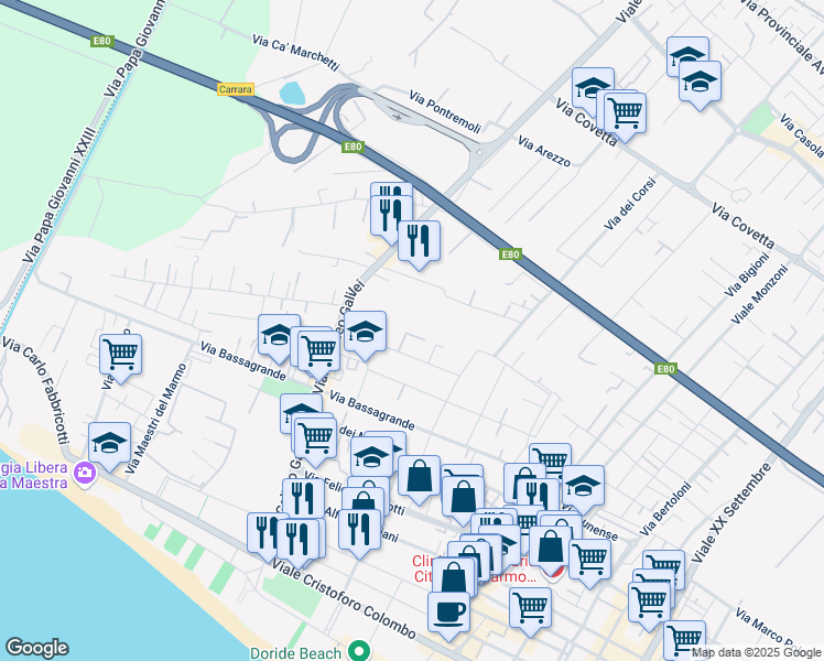 map of restaurants, bars, coffee shops, grocery stores, and more near 142 Via Tiro a Volo in Marina di Carrara
