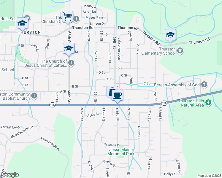 map of restaurants, bars, coffee shops, grocery stores, and more near 6887 B Street in Springfield