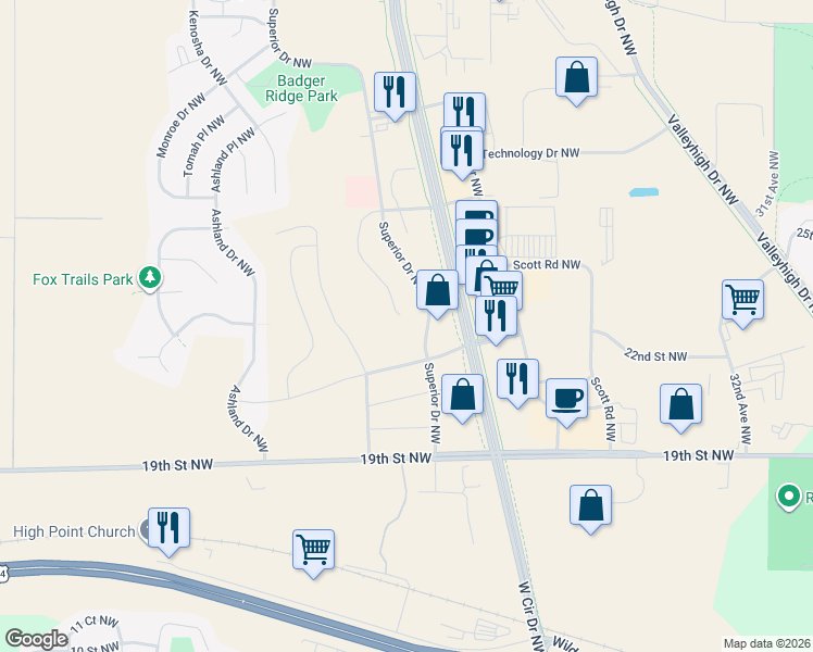 map of restaurants, bars, coffee shops, grocery stores, and more near 2334 Superior Drive Northwest in Rochester