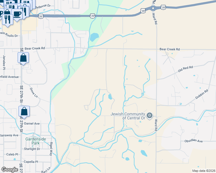 map of restaurants, bars, coffee shops, grocery stores, and more near 21495 Bear Creek Road in Bend