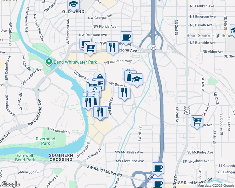 map of restaurants, bars, coffee shops, grocery stores, and more near 205 Southwest Log Court in Bend