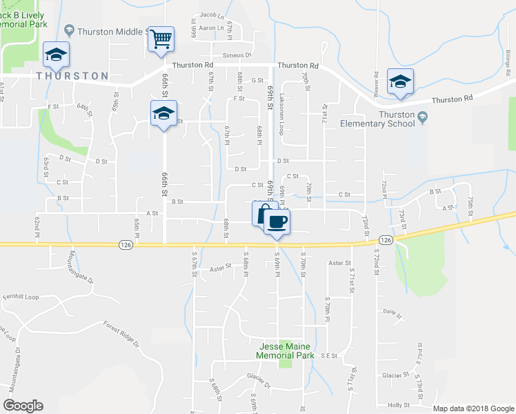 map of restaurants, bars, coffee shops, grocery stores, and more near 6857 B Street in Springfield