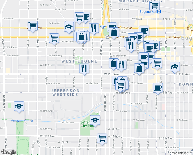 map of restaurants, bars, coffee shops, grocery stores, and more near 1108 Jefferson Street in Eugene