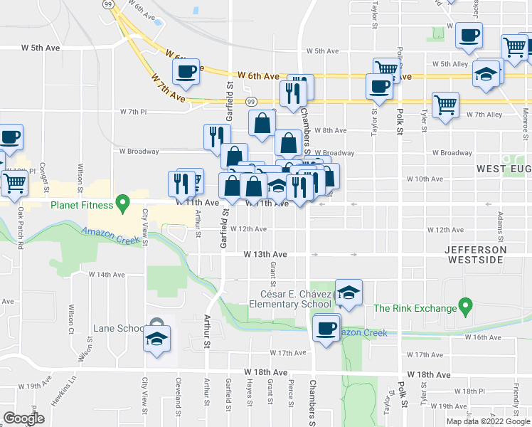 map of restaurants, bars, coffee shops, grocery stores, and more near 1790 West 11th Avenue in Eugene