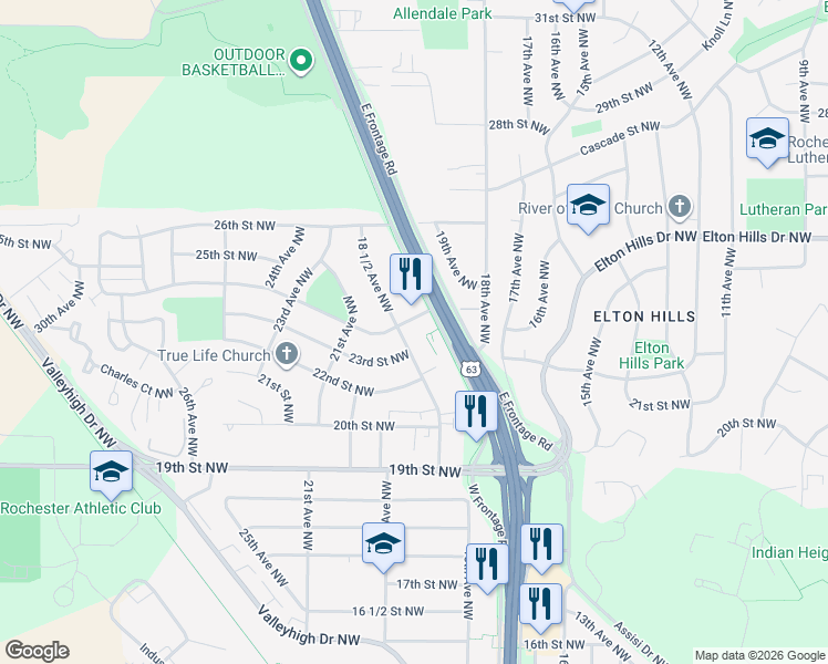 map of restaurants, bars, coffee shops, grocery stores, and more near 1844 24th Street Northwest in Rochester