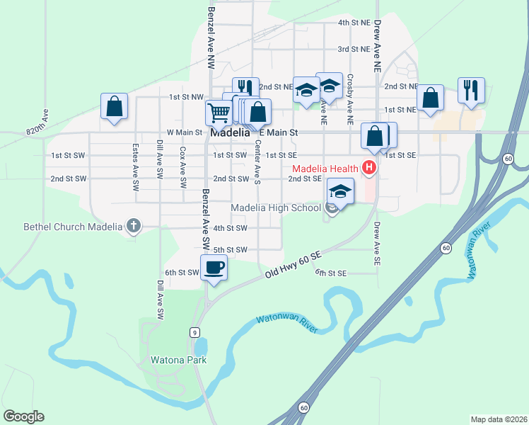 map of restaurants, bars, coffee shops, grocery stores, and more near 312 Center Avenue South in Madelia