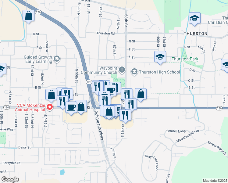 map of restaurants, bars, coffee shops, grocery stores, and more near 5736 A Street in Springfield
