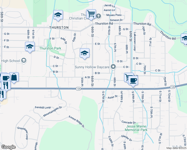 map of restaurants, bars, coffee shops, grocery stores, and more near 6609 B Street in Springfield