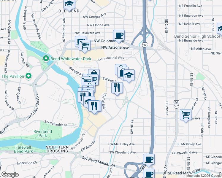 map of restaurants, bars, coffee shops, grocery stores, and more near 205 Southwest Log Court in Bend