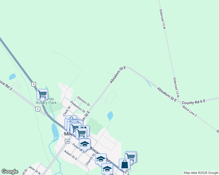 map of restaurants, bars, coffee shops, grocery stores, and more near 64 Absalom Street East in Mildmay