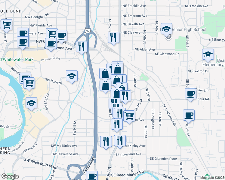 map of restaurants, bars, coffee shops, grocery stores, and more near 210 Southeast Urania Lane in Bend