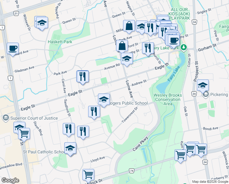 map of restaurants, bars, coffee shops, grocery stores, and more near 294 Andrew Street in Newmarket