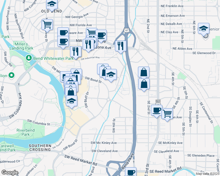 map of restaurants, bars, coffee shops, grocery stores, and more near 88 Southwest Scalehouse Loop in Bend