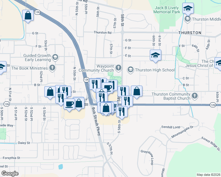 map of restaurants, bars, coffee shops, grocery stores, and more near 5736 A Street in Springfield