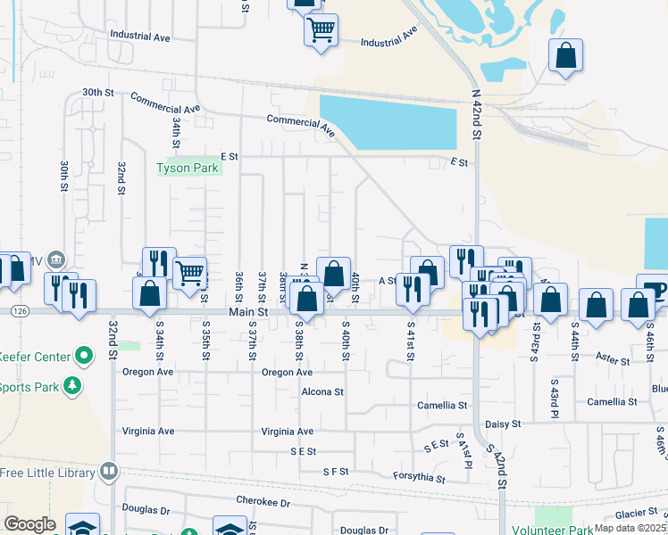 map of restaurants, bars, coffee shops, grocery stores, and more near 215 39th Street in Springfield