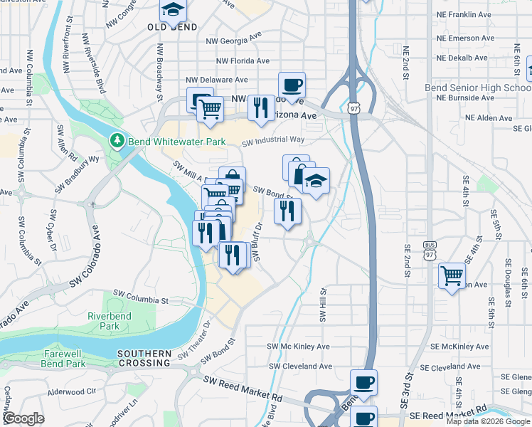 map of restaurants, bars, coffee shops, grocery stores, and more near 205 Southwest Log Court in Bend