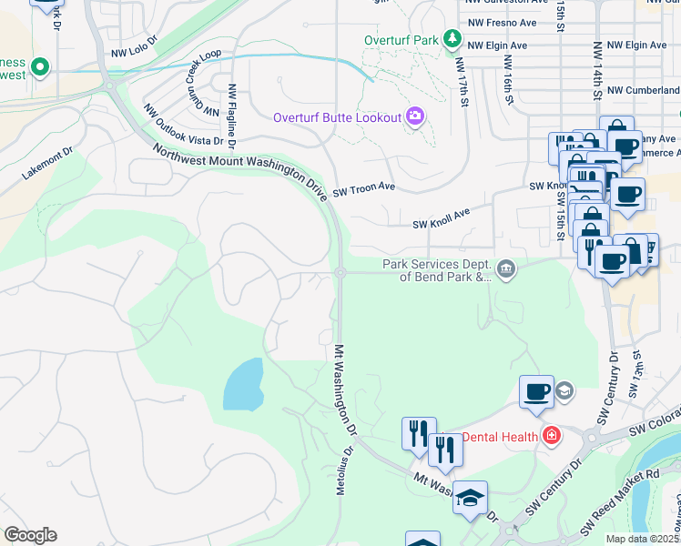 map of restaurants, bars, coffee shops, grocery stores, and more near Mt Washington Dr & Simpson in Bend