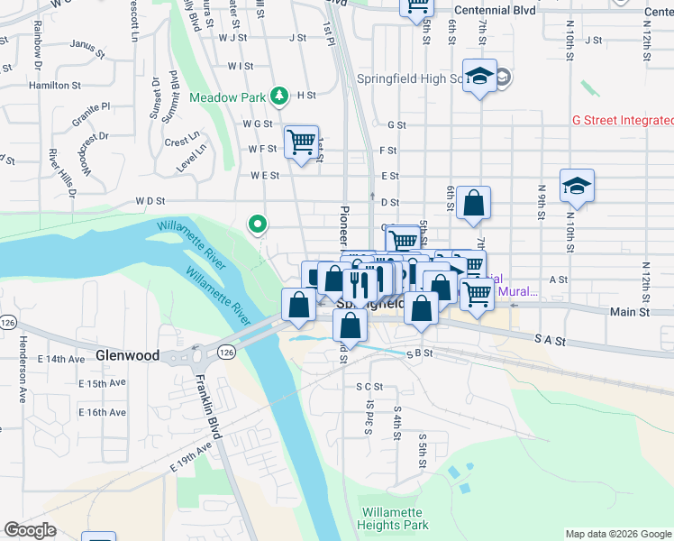 map of restaurants, bars, coffee shops, grocery stores, and more near 195 B Street in Springfield