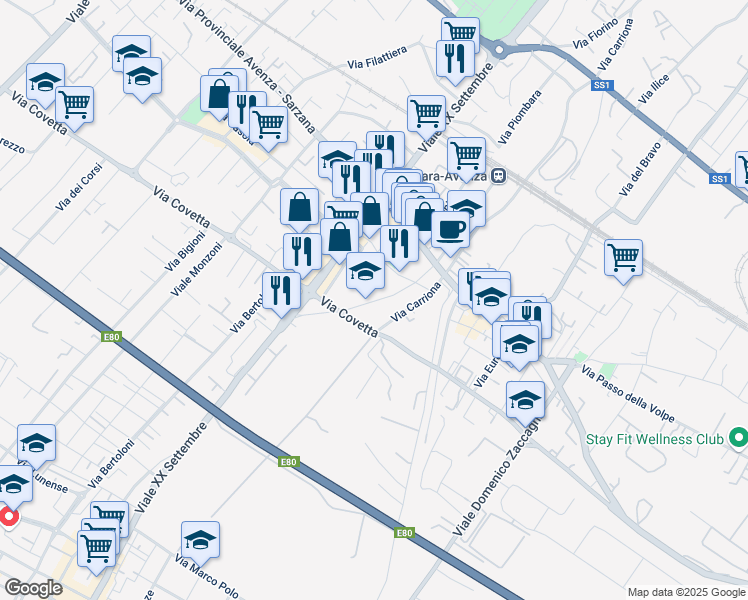 map of restaurants, bars, coffee shops, grocery stores, and more near 10 Via Marina in Carrara