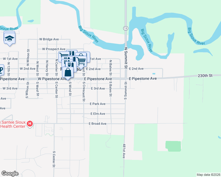 map of restaurants, bars, coffee shops, grocery stores, and more near 200 South Bates Street in Flandreau