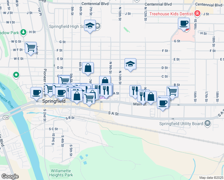 map of restaurants, bars, coffee shops, grocery stores, and more near 225 9th Street in Springfield