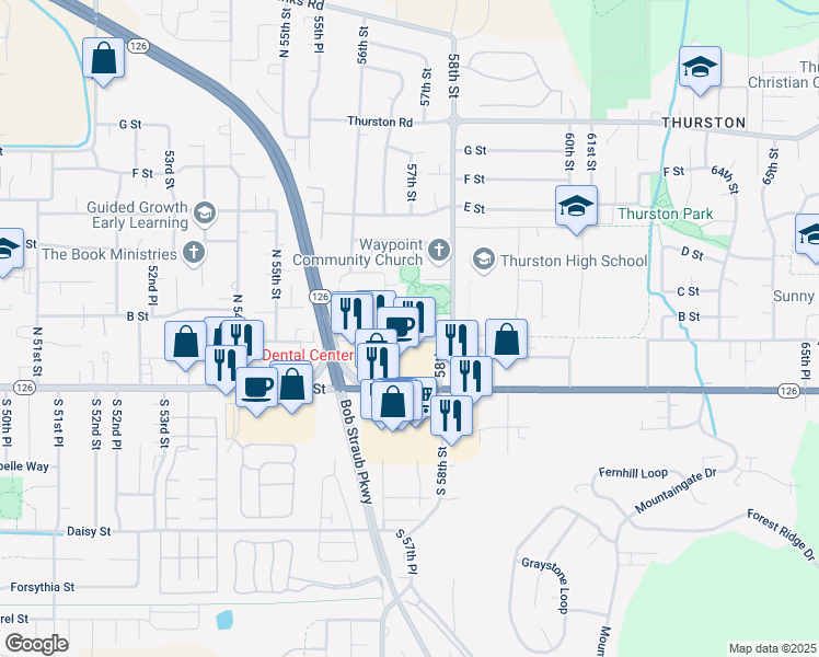map of restaurants, bars, coffee shops, grocery stores, and more near 5736 A Street in Springfield