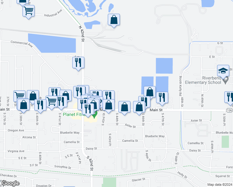 map of restaurants, bars, coffee shops, grocery stores, and more near 250 44th Street in Springfield