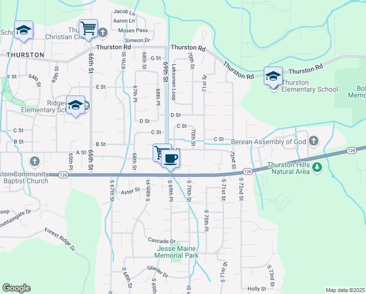 map of restaurants, bars, coffee shops, grocery stores, and more near 6976 B Street in Springfield