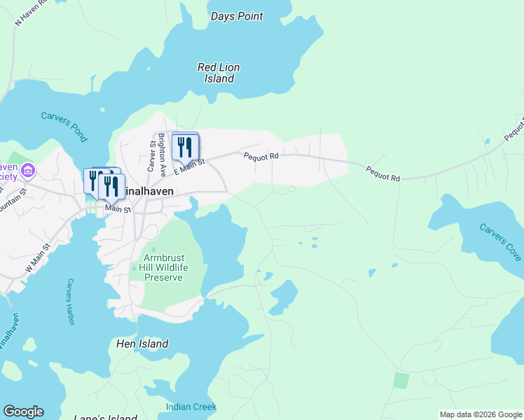 map of restaurants, bars, coffee shops, grocery stores, and more near 50 East Boston Road in Vinalhaven