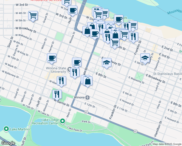 map of restaurants, bars, coffee shops, grocery stores, and more near 176 West 8th Street in Winona