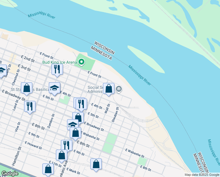 map of restaurants, bars, coffee shops, grocery stores, and more near 866 East 2nd Street in Winona