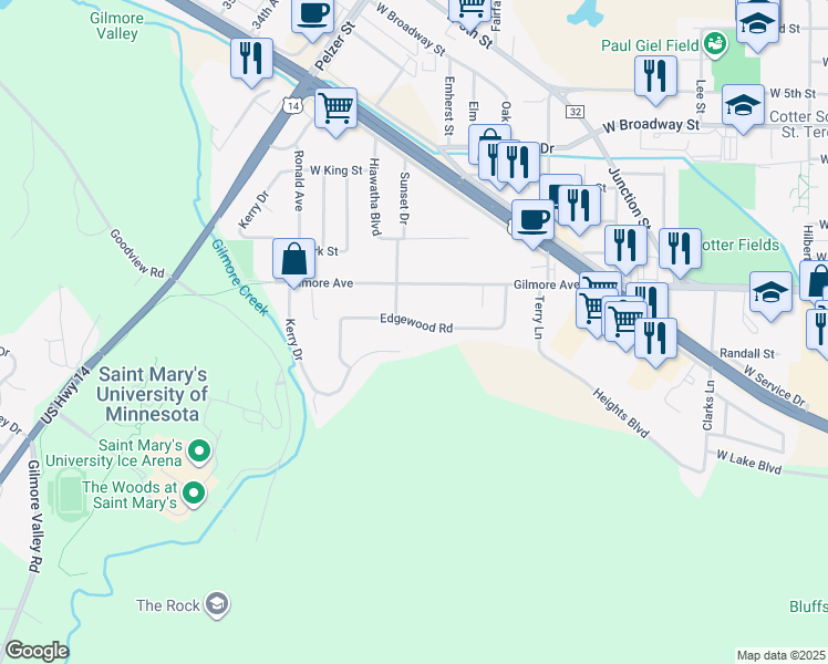 map of restaurants, bars, coffee shops, grocery stores, and more near 1781 Edgewood Road in Winona