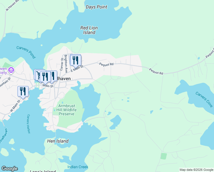 map of restaurants, bars, coffee shops, grocery stores, and more near 50 East Boston Road in Vinalhaven