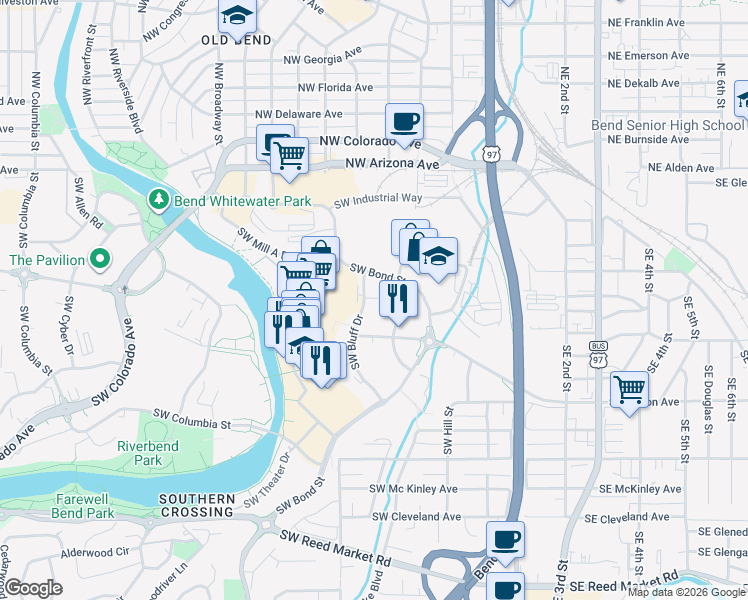 map of restaurants, bars, coffee shops, grocery stores, and more near 205 Southwest Log Court in Bend