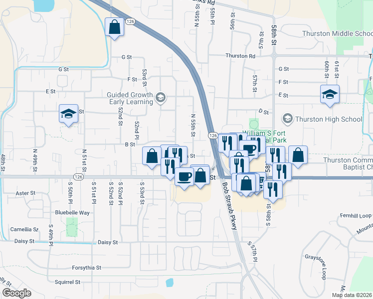 map of restaurants, bars, coffee shops, grocery stores, and more near 5426 A Street in Springfield