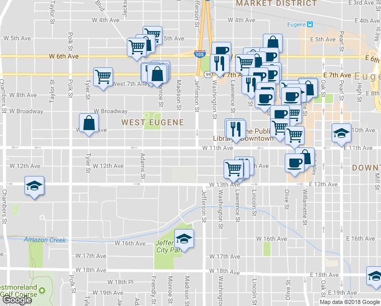 map of restaurants, bars, coffee shops, grocery stores, and more near 1108 Jefferson Street in Eugene