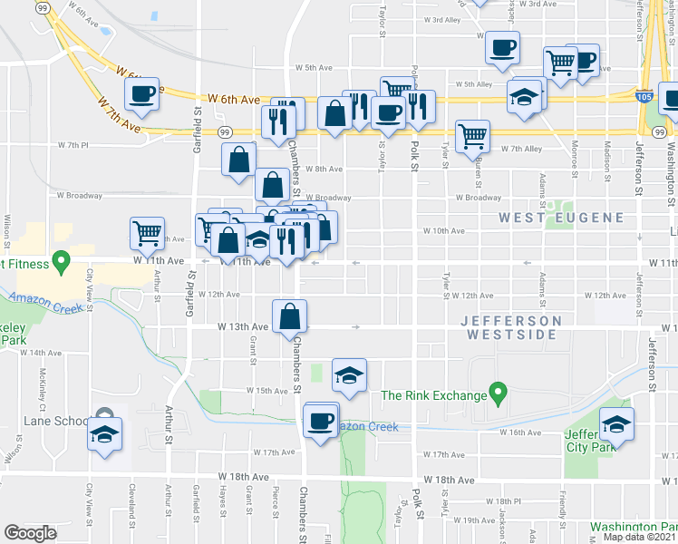 map of restaurants, bars, coffee shops, grocery stores, and more near 1492 West 11th Avenue in Eugene
