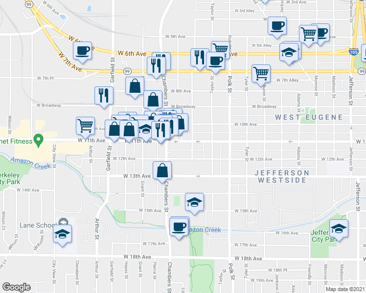 map of restaurants, bars, coffee shops, grocery stores, and more near 1612 West 11th Avenue in Eugene